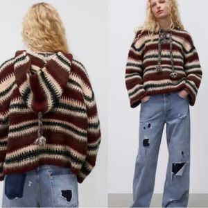 New ZARA Striped Alpaca Blend Hooded Oversized Poncho Sweater sz m
